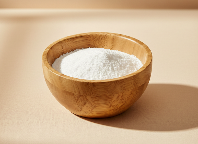 Wooden bowl with white powder on a beige background
